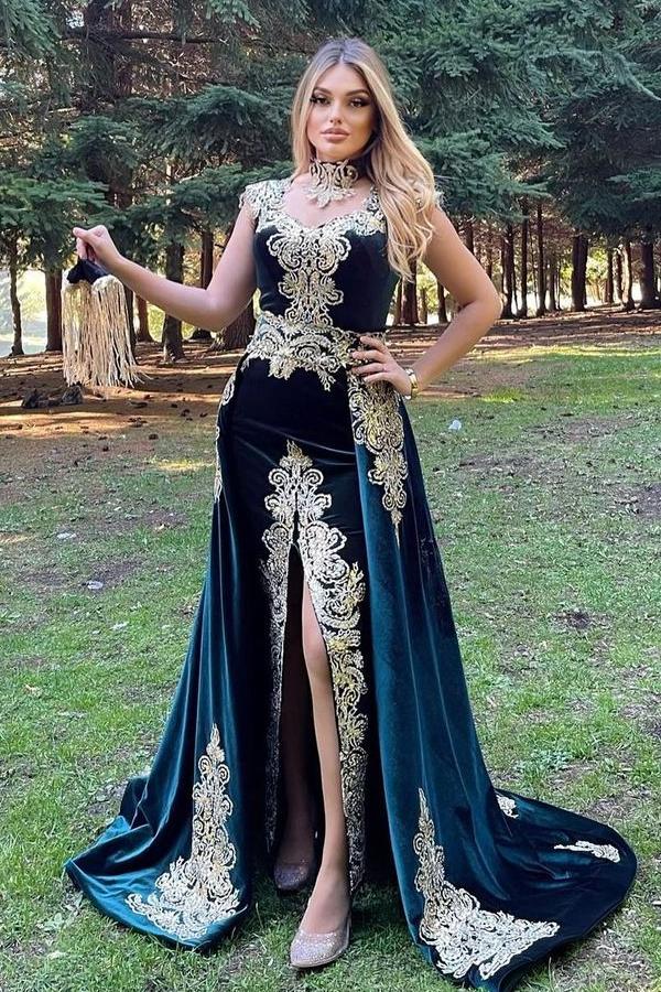 Stunning Velvet Evening Gown Sleeveless Gold Appliques Formal Dress with Detachable Train Side Slit