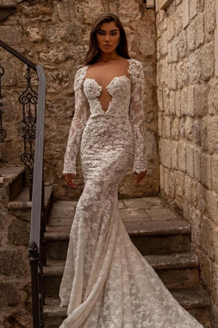 Stunning sweetheart longsleeves mermaid lace Bridal Gowns