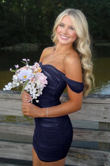 Stylish Sheath Off the Shoulder Pink Short Homecoming Dress with Ruched