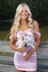 Stylish Sheath Off the Shoulder Pink Short Homecoming Dress with Ruched