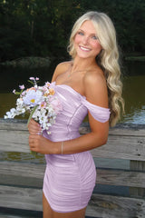 Stylish Sheath Off the Shoulder Pink Short Homecoming Dress with Ruched