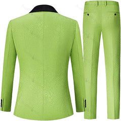 Stylish Green 3 Piece Jacquard Wedding Suit with Black Velvet Shawl Lapel