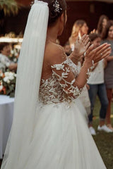 Stylish Lace Appliques Aline Tulle Casual Wedding Dress Long Sleeve Garden Wedding Gown