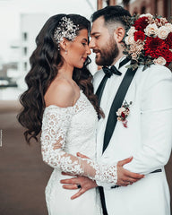 Stylish Off Shoulder Long Sleeves Meramid WEdding Gown with Lace Appliques