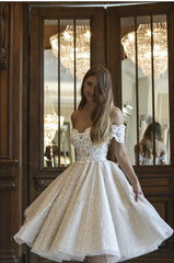 Stylish Off-the-Shoulder Lace Appliques Short Beach Wedding Dress Glitter Sequins Dress for Bride