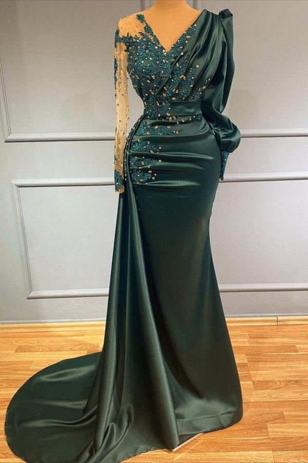 Stylish V-Neck Jade Long Prom Dress Long Sleeves Satin Beads Evening Maxi Dress | Suzhoufashion Stylish V-Neck Jade Long Prom Dress Long Sleeves Satin Beads Evening Maxi Dress | Suzhoufashion