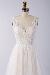 Stylish V-neck Straps Tulle Wedding Dress | Appliques A-line Ruffles Bridal Gowns