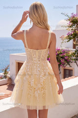Suzhoufashion A Line Butter Yellow Lace V-Neck Ruffled Short Corset Homecoming Dress