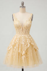 Suzhoufashion A Line Butter Yellow Lace V-Neck Ruffled Short Corset Homecoming Dress