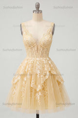 Suzhoufashion A Line Butter Yellow Lace V-Neck Ruffled Short Corset Homecoming Dress