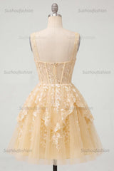 Suzhoufashion A Line Butter Yellow Lace V-Neck Ruffled Short Corset Homecoming Dress
