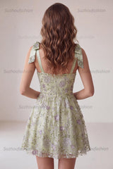 Suzhoufashion A-Line Floral Dusty Sage Short Beaded Homecoming Dress with Bows
