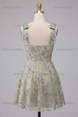 Suzhoufashion A-Line Floral Dusty Sage Short Beaded Homecoming Dress with Bows