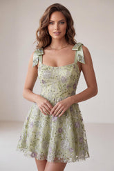 Suzhoufashion A-Line Floral Dusty Sage Short Beaded Homecoming Dress with Bows