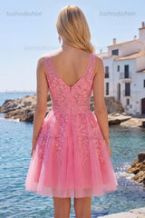 Suzhoufashion A Line Hot Pink Lace Appliqued V-Neck Short Homecoming Dress