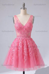 Suzhoufashion A Line Hot Pink Lace Appliqued V-Neck Short Homecoming Dress