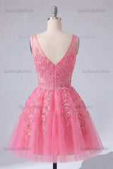 Suzhoufashion A Line Hot Pink Lace Appliqued V-Neck Short Homecoming Dress