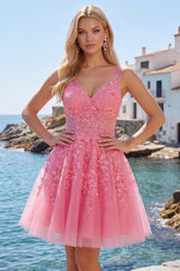 Suzhoufashion A Line Hot Pink Lace Appliqued V-Neck Short Homecoming Dress