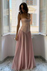 Suzhoufashion A Line Spaghetti Straps Pink Corset Prom Dress With Ruffles Formal Evening Gown