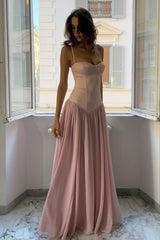 Suzhoufashion A Line Spaghetti Straps Pink Corset Prom Dress With Ruffles Formal Evening Gown
