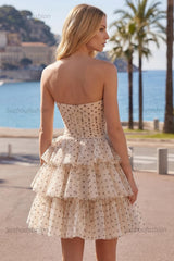 Suzhoufashion Apricot & Black Polka Dot Strapless Keyhole A-Line Short Homecoming Dress
