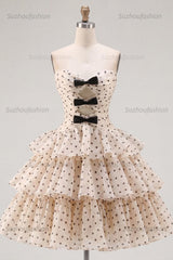 Suzhoufashion Apricot & Black Polka Dot Strapless Keyhole A-Line Short Homecoming Dress