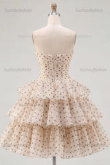 Suzhoufashion Apricot & Black Polka Dot Strapless Keyhole A-Line Short Homecoming Dress
