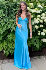 Suzhoufashion Aqua Blue Spaghetti Strap Long Satin Prom Dress With Lace Bodice Formal Evening Gown
