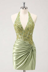 Suzhoufashion Army Green Ruched Appliqued Halter Tight Corset Short Homecoming Dress