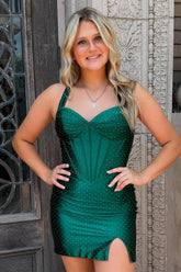 Suzhoufashion Beaded Dark Green Corset Bodycon Halter Short Homecoming Dress