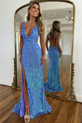 Suzhoufashion Beaded Prom Dress With Deep V Neck Slit And Open Back Formal Evening Gown