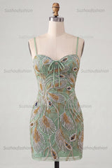 Suzhoufashion Beaded Sage Green Tight Short Homecoming Dress with Bow