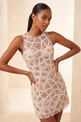 Suzhoufashion Beaded Sequin Blush Round Neck Tight Short Homecoming Dress