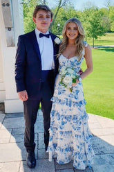 Suzhoufashion Beautiful A Line Sweetheart Blue Printed Long Prom Dress With Ruffles Formal Evening Gown
