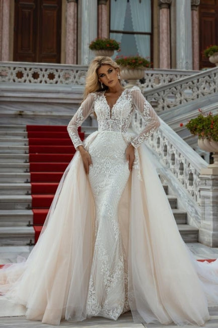 Suzhoufashion Beautiful Lace Long Sleeves Mermaid Wedding Dresses With Detachable Train A-Line V-neck Suzhoufashion Beautiful Lace Long Sleeves Mermaid Wedding Dresses With Detachable Train A-Line V-neck