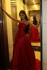 Suzhoufashion Beauty A Line Strapless Red Satin Long Prom Dress With Ruched Formal Evening Gown