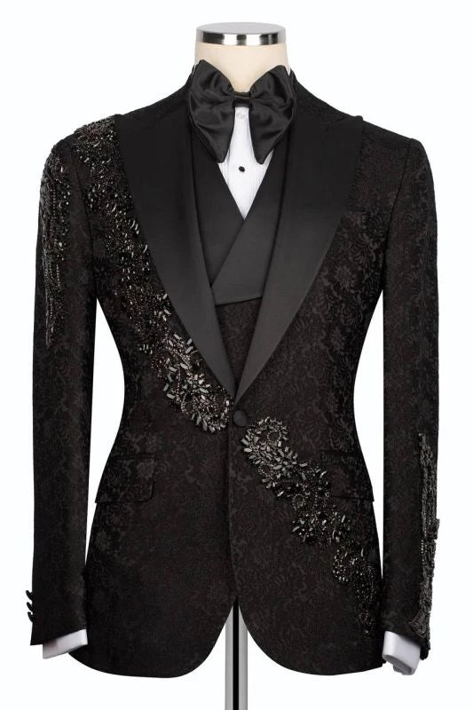Suzhoufashion Black Crystals 3 Piece Jacquard Bespoke Prom Suits