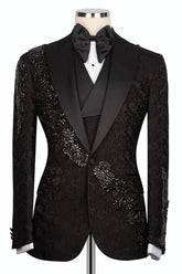 Suzhoufashion Black Crystals 3 Piece Jacquard Bespoke Prom Suits