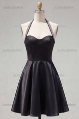Suzhoufashion Black Halter Beaded A-Line Short Homecoming Dress