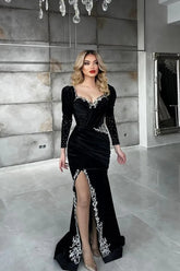 Suzhoufashion Black Long Sleeve Velvet Christmas Party Dress Appliques Formal Dress with Slit
