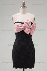 Suzhoufashion Black & Pink Floral Strapless Beaded Corset Tight Short Homecoming Dress with Bow