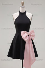 Suzhoufashion Black & Pink High Neck A-Line Short Homecoming Dress with Bow
