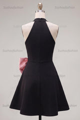 Suzhoufashion Black & Pink High Neck A-Line Short Homecoming Dress with Bow