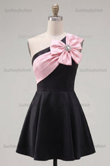 Suzhoufashion Black & Pink One Shoulder Beaded A-Line Short Homecoming Dress with Bow
