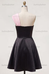 Suzhoufashion Black & Pink One Shoulder Beaded A-Line Short Homecoming Dress with Bow