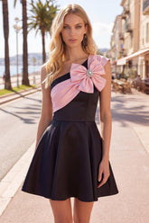 Suzhoufashion Black & Pink One Shoulder Beaded A-Line Short Homecoming Dress with Bow