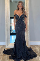Suzhoufashion Black Plunging V-Neck Sheer Illusion Sparkle Mermaid Prom Dress Formal Evening Gown