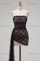 Suzhoufashion Black Strapless Beaded Tight Short Homecoming Dress with Sash