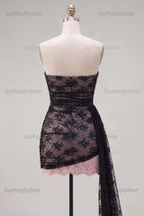 Suzhoufashion Black Strapless Beaded Tight Short Homecoming Dress with Sash