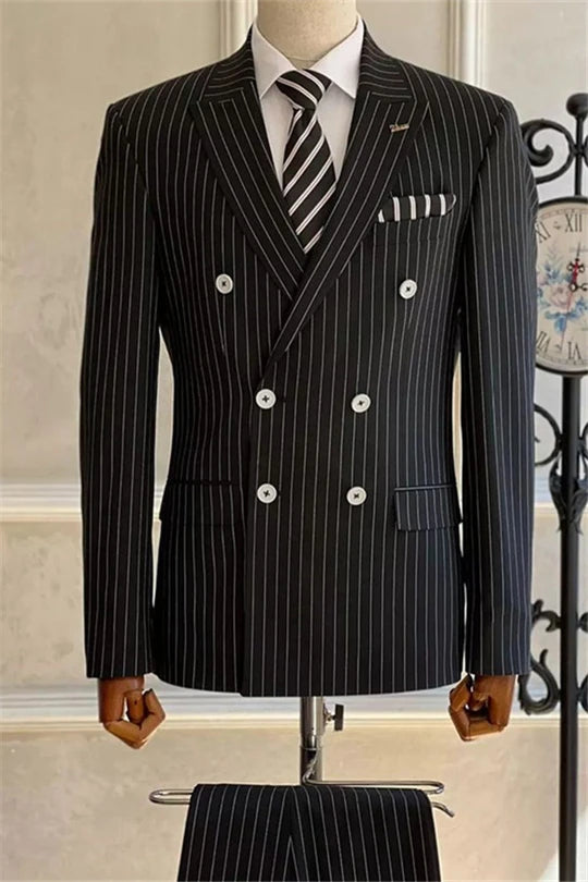 Suzhoufashion Black Striped Double Breasted Best Fitted Prom Men Suits